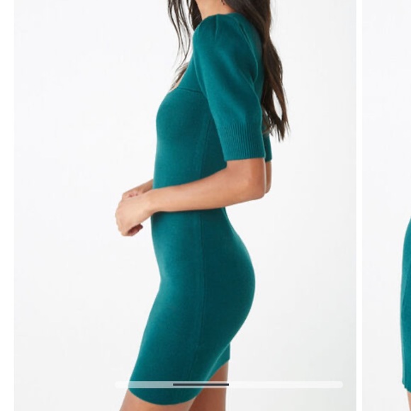 Emerald green knit sweater mini dress - sweetheart neck puff sleeve - Picture 5 of 8